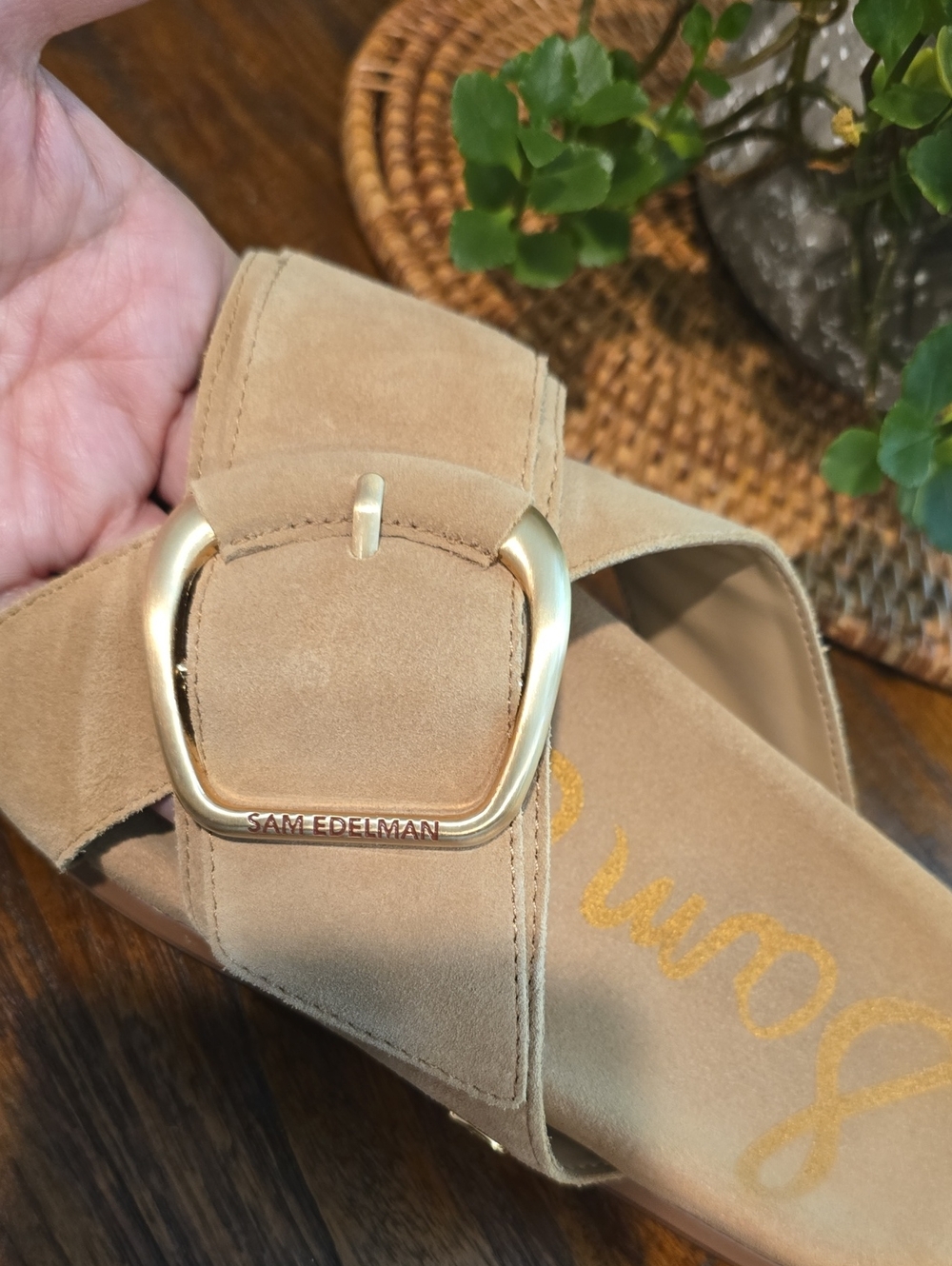 Sam Edelman Tan Suede Buckle Crossband Slides - Picture 6 of 10